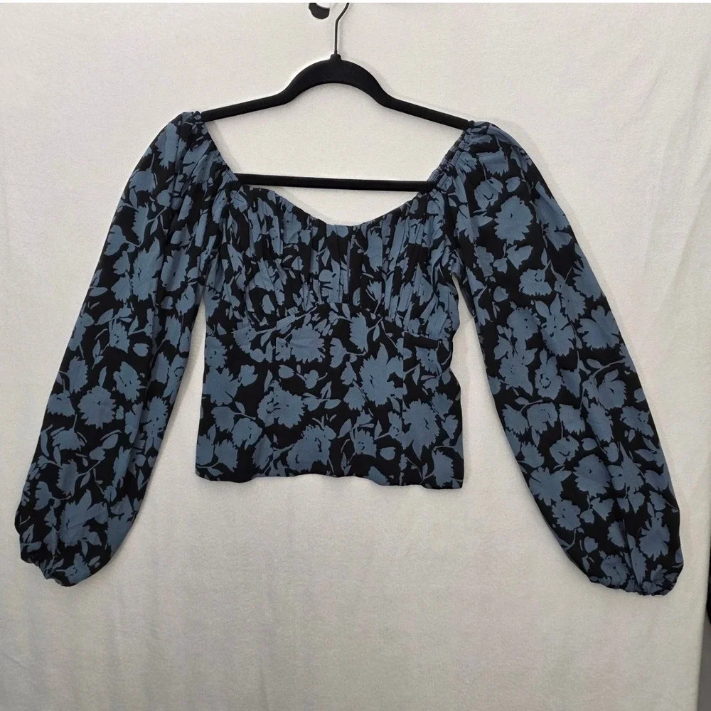 Abercrombie & Fitch Floral Puff Sleeve Top S Blue Black Smocked Cottagecore NWT